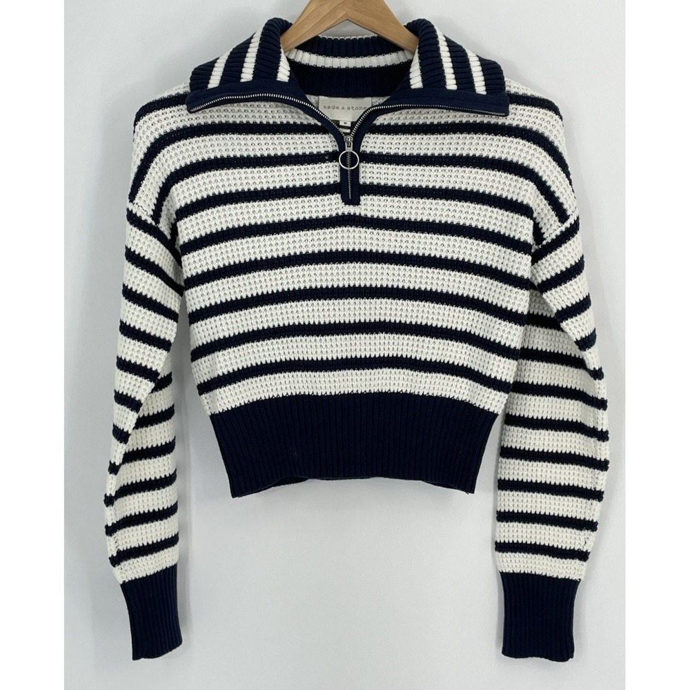 Sage + Stone‎ Womens Med Top Front Zip Nautical Cropped Blue White Striped